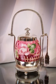 Webster Silverplate Cranberry Enameled Victorian Pickle Castor