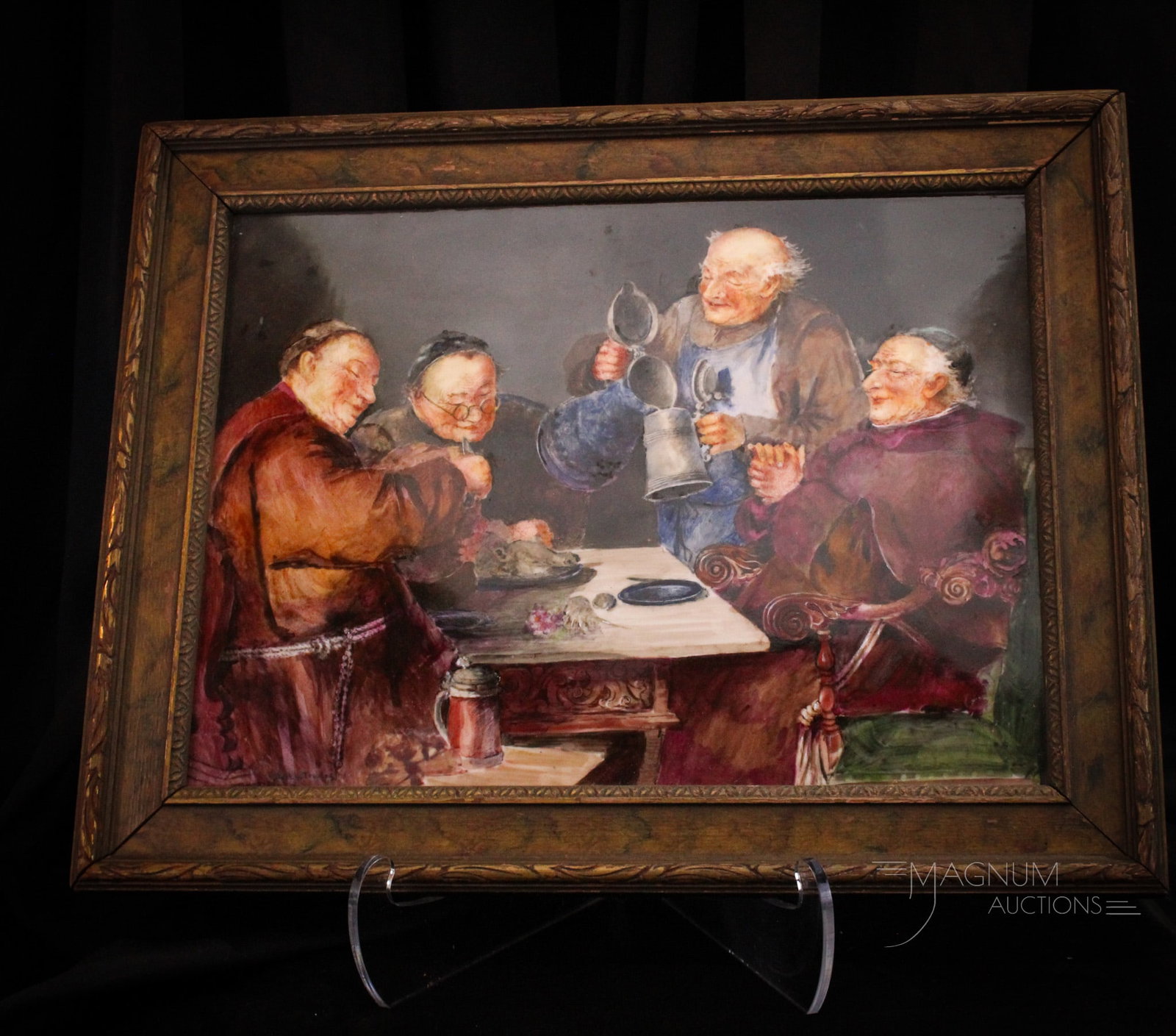 Limoges T& V Artist Signed 19" hand Painted Porcelain Monks Plaque: Fine example of an artist signed, T&V Limoges framed porcelain plaque depicting a monk's drinking scene. Piece measures 19 1/2" long and 15 1/2" tall in frame. Plaque only measures 16" by 12".