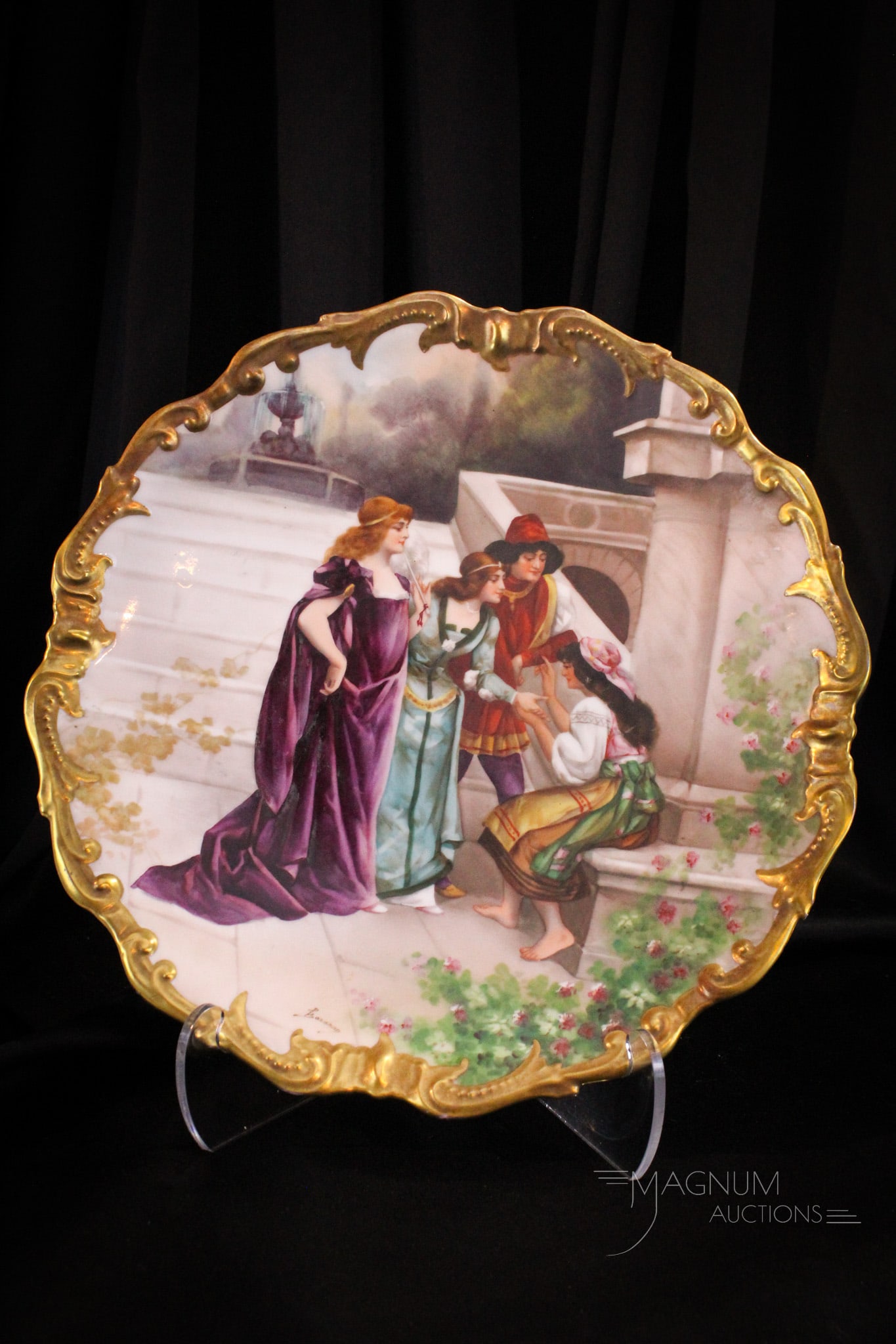 Limoges Hand Painted Porcelain France 16" Charger Plaque: Fine hand painted Limoges porcelain 16" diameter charger or plaque. Amazing gold border. The piece features a gypsy reading the fortune of an aristocrat.