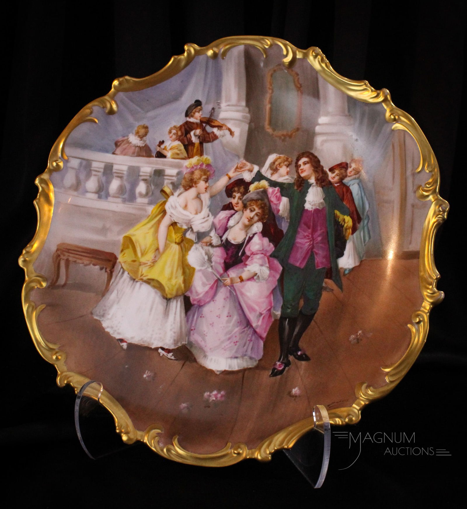 Limoges Hand Painted Porcelain France 16" Charger Plaque: Another fine decorative artist signed 16" diameter Limoges plaque charger. The piece depicts mary dancers at a ball dancing. Wonderful piece with great detailed gilt border.