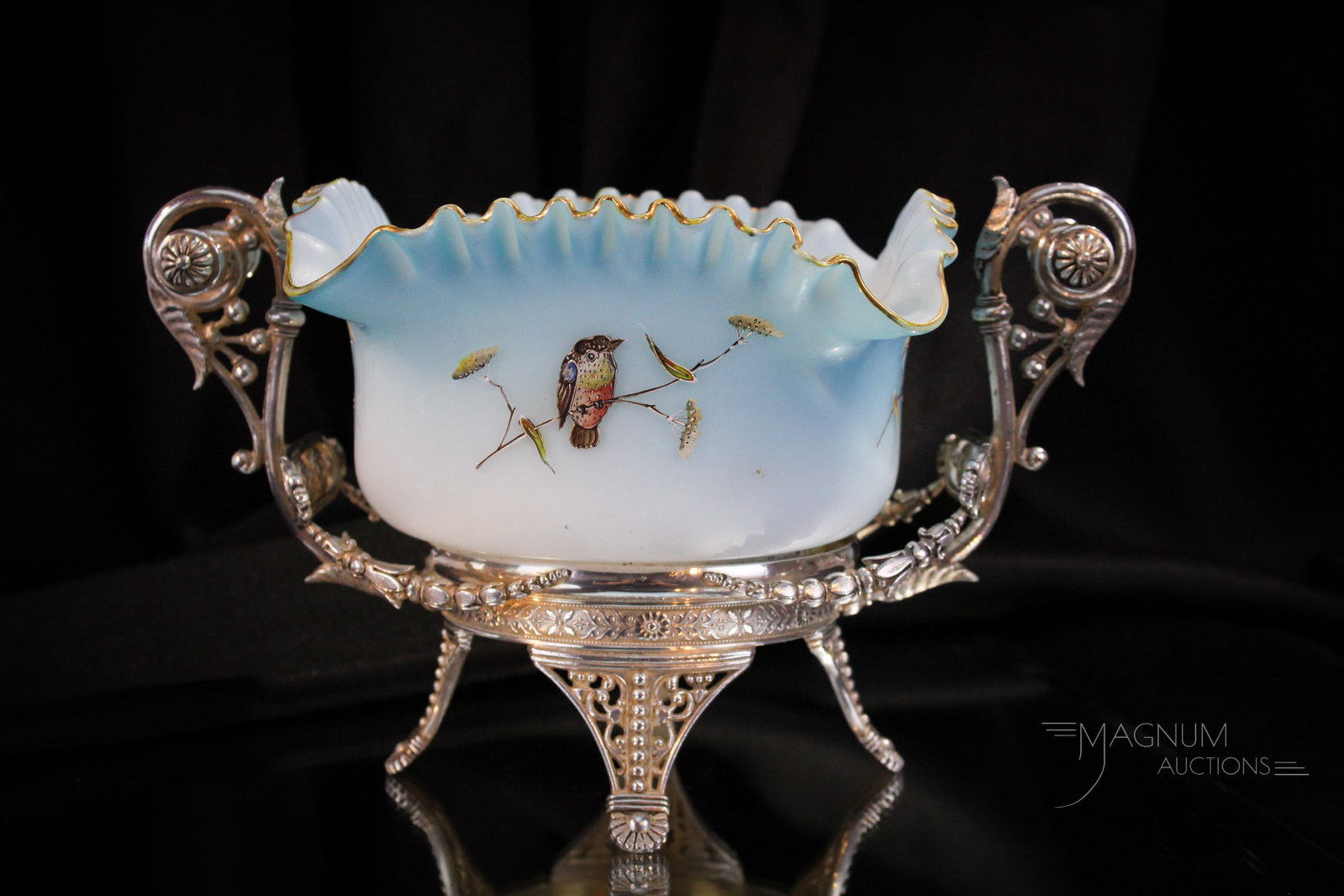 Tufts Apartment Size Victorian Silverplate Brides basket Bowl Centerpiece: Fun-sized apartment-ready Victorian bride's basket centerpiece. This holder is signed Tufts. It is very ornate and in amazing condition. The bowl is a delightful shade of blue enameled and gilt decora