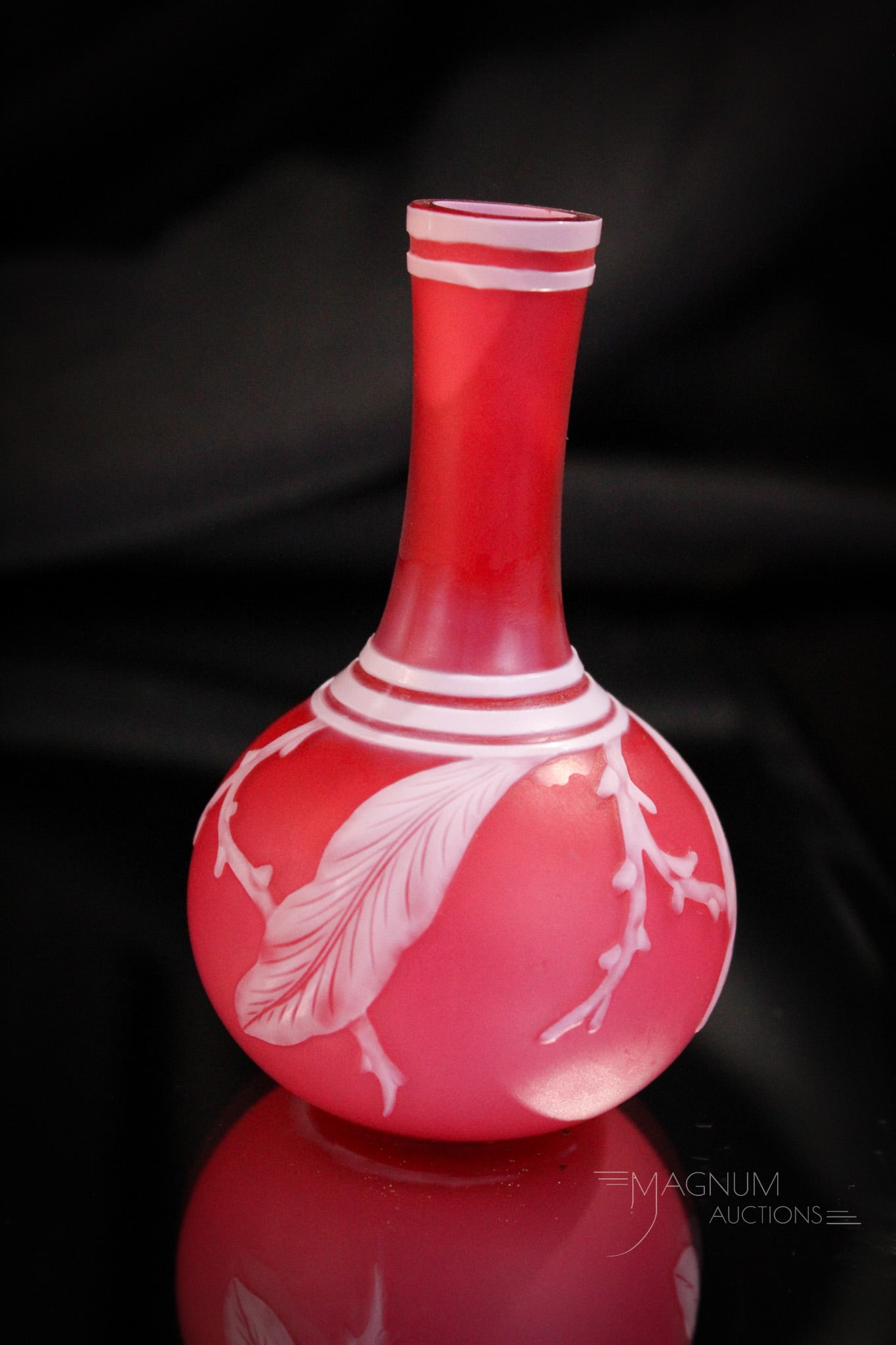Webb English Cameo Glass Miniature Cabinet Vase: Tiny little Webb English cameo glass cabinet vase. This little guy stands only 3 1/2" tall. Fine botanical decoration. Vase is cased cranberry glass.