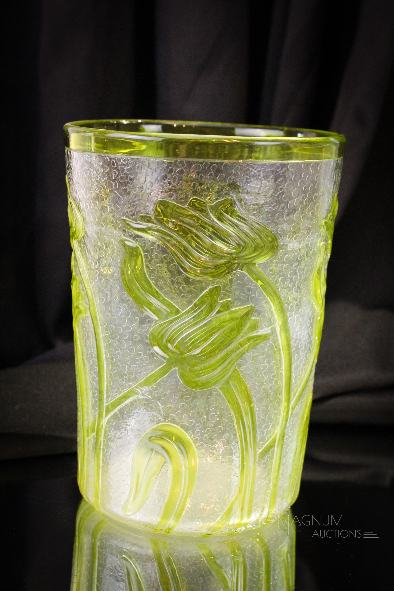 Signed Webb Citron Cameo Art Glass 8" Vase: Tulips all around on this signed Webb citron cameo glass vase in cylindrical form. Nice heavy cutting and chipped ice background. Vase stands 8" tall.