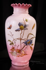 Large 12" Victorian Enameled Peachblow Art Glass Vase