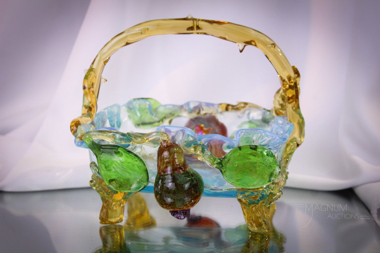 Stevens & Williams Victorian Fine Art Glass Opalescent Basket: Nice and perfect find in Victorian attributed to Stevens & Williams glass in this blue opalescent applied art glass basket. Basket measures 6" tall. Rectangular form features applied branch handle and