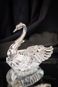 Fine Silverplate & Crystal Figural Swan Mechanical Trinket Jewelry casket