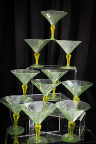 10 pc Lot Italian Murano Green and vaseline Uranium Glass Champagne Stems