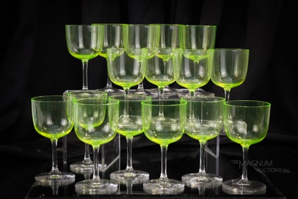 16 pc Lot Art Deco Glass Vaseline Cherry Stems