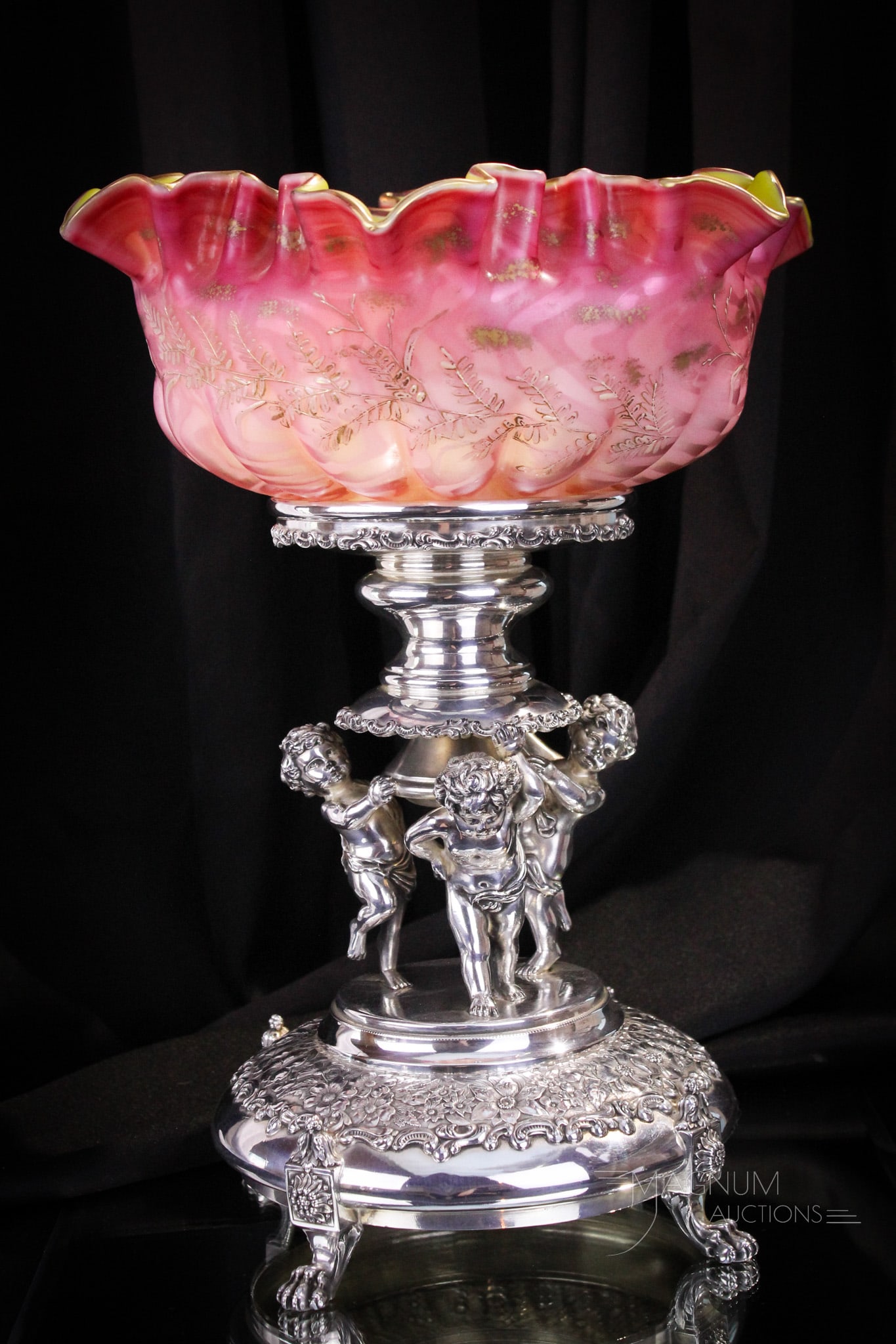 Derby Silverplate 15" Victorian Mother of Pearl Glass Brides Basket Centerpiece: Superb example of a Victorian Brides Basket Bowl Centerpiece with this fine find. The holder is marked Derby silverplate. It features three puttis at the base supporting the bowl holder. The Mother of