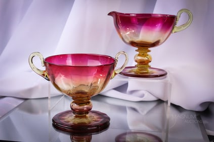 Rare Improtant Signed Libbey Amberina Glass Creamer & Sugar