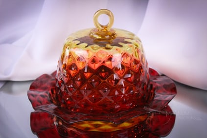 Rare Mt. Washington Victorian Amberina Diamond Quilt Butter