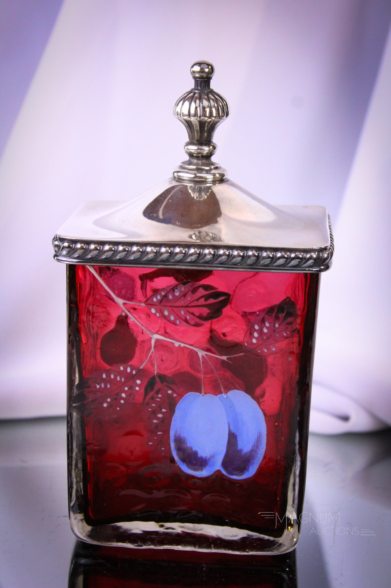 Scarce Cranberry Rectangular Enameled Glass Victorian Pickle Jar: Great find of a cranberry rectangular enameled glass Victorian pickle jar. Jar is complete with matching rectangular original lid. Enameled and gilt fruits on the side of the jar.