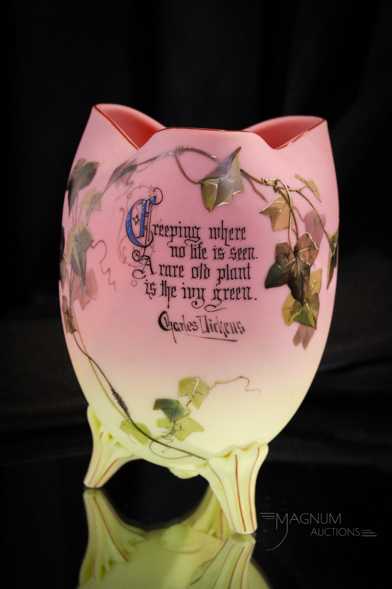 Rare Charles Dickens Verse Mt. Washington Burmese Glass 7" Vase: Excellent and very rare example of a Mt. Washington burmese glass footed vase with decoration of a Charles Dickens verse and ivy and red linear decoration. Fine example and we are pleased to offer suc