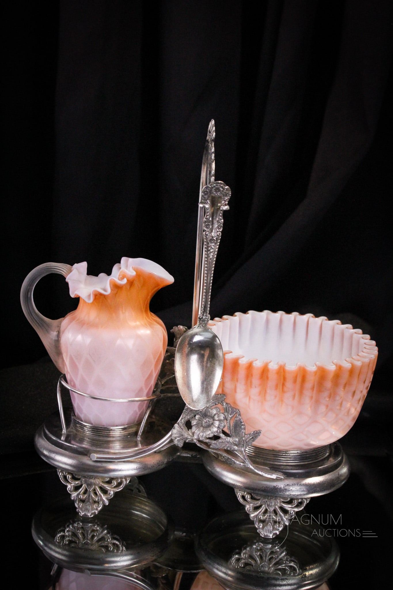 Rare Victorian Mother of Pearl Victorian Silverplate Breakfast Set: Fine signed Legacy Victorian silverplate Mother of Pearl diamond quilt satin glass breakfast set. Ornate frame specific for the creamer and the sugar has great ornamentation. Soft peach color to the g