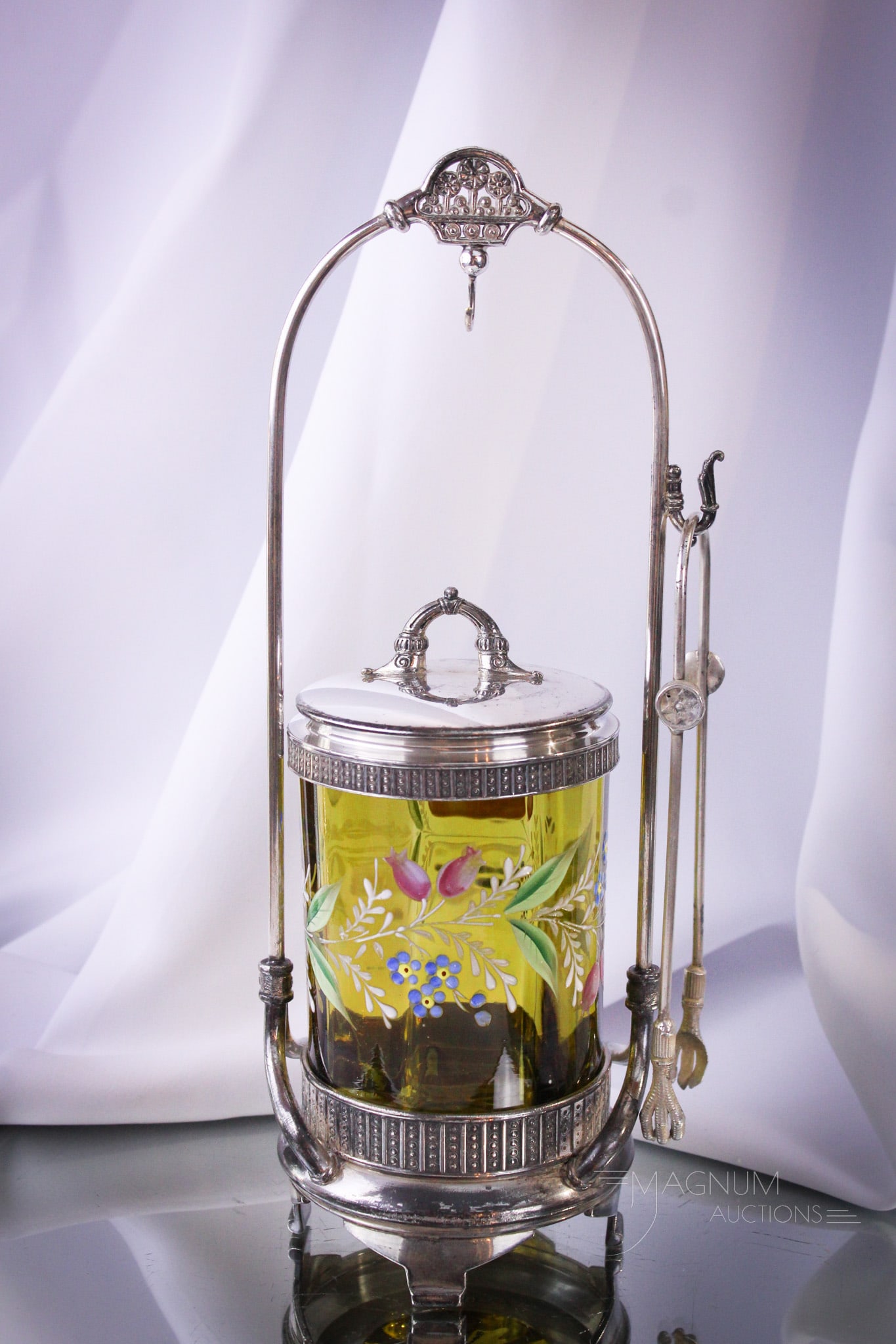 Meriden Silverplate Victorian Enameled Pickle Castor: Wonderful Victorian moss green enameled glass signed Meriden Victorian pickle castor. Castor measures 12" tall.