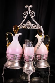 Very Rare Southington Silverplate Peachblow Double Cruet Castor Set