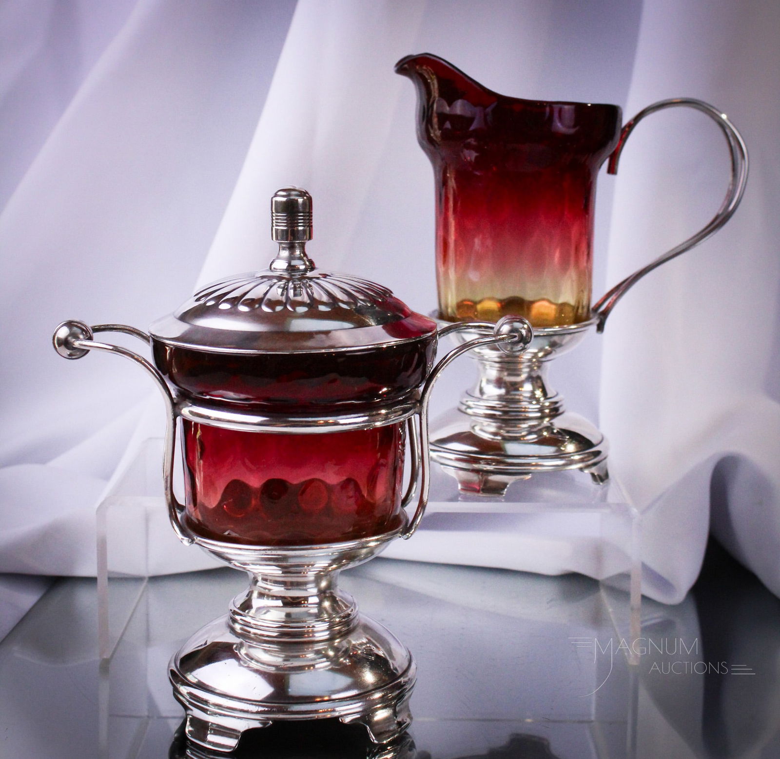 Pairpoint Silverplate Victorian New England Mt. Washington Glass Breakfast Set: Stunningly gorgeous color and form best describes this Victorian amberina glass and silverplate breakfast set. Holders are signed Pairpoint. Glass is either New England or Mt. Washington Fantastic set