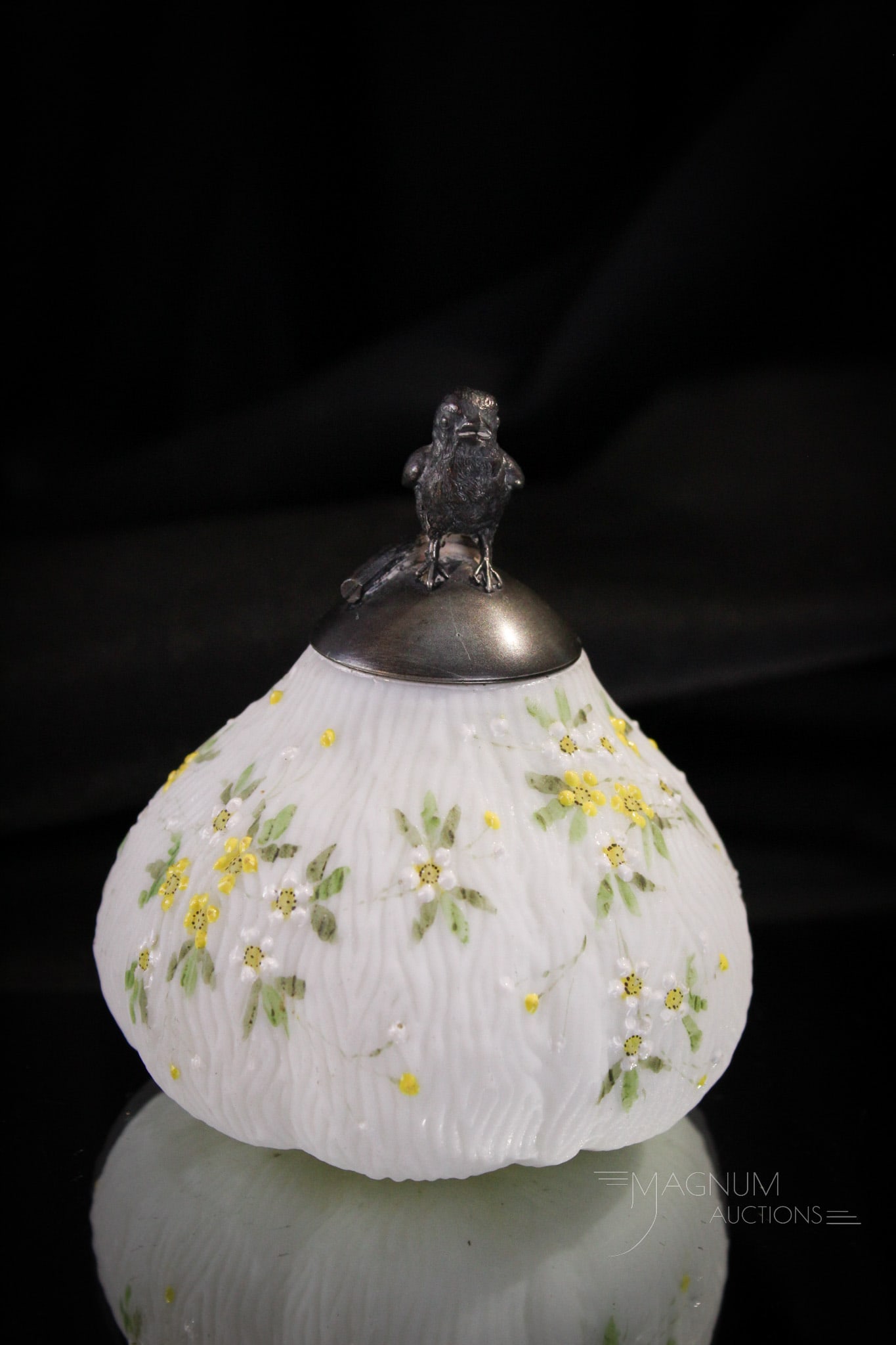 Very Rare Mt. Washington Fig Mold Chick Glue Pot: Museum find with this Mt. Washington Victorian glass fig form body glue pot. Piece features original chick topped lid and complete with brush inside. This rare piece measures 4" tall. Glue pot body is