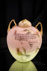 Rare Mt. Washington Burmese Glass "Thomas Hood Verse" Temple Jar