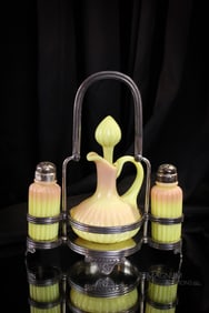 Mt. Washington Glossy Burmese Glass Pairpoint Silverplate Cruet Shaker Set