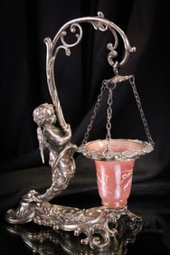 Victorian Figural Silverplate Enameled Glass Hanging Flower Vase