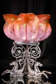 Very Rare Silverplate Seahorse Victorian Mother of Pearl Glass Bride's Bowl Centerpiece