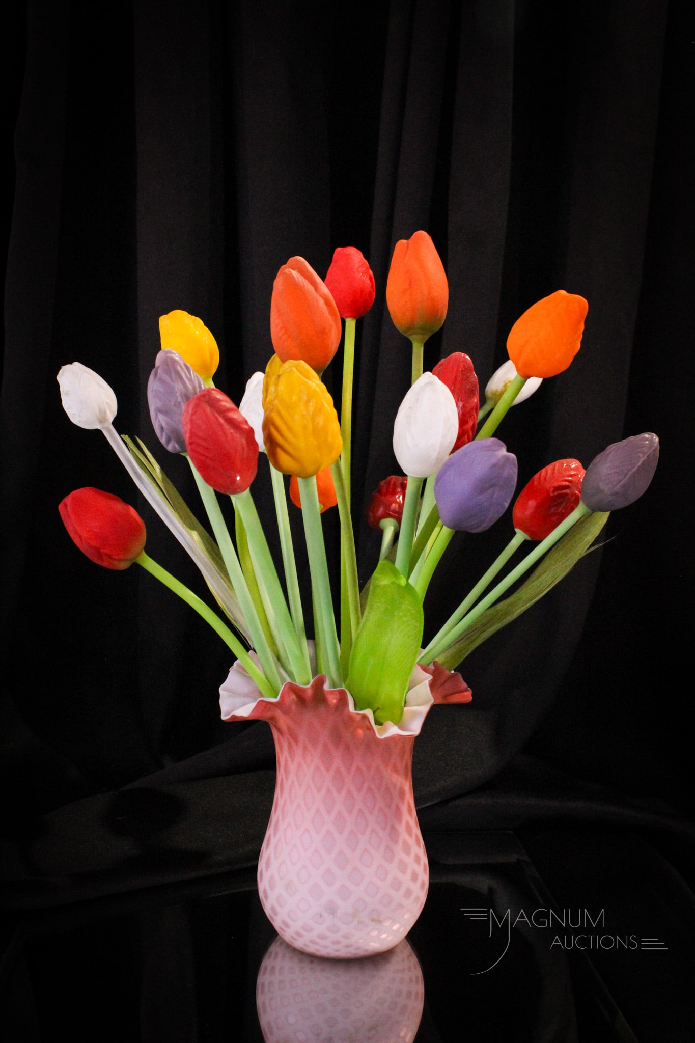 28 pc Lot German Blown Glass Tulips & Leaves: Select assortment of 24 German blown glass tulips in an array of colors and sizes along with 3 spun glass leaves and one pulled glassleaf with wire stem example. Tulips mesure 10-14" long. All are per