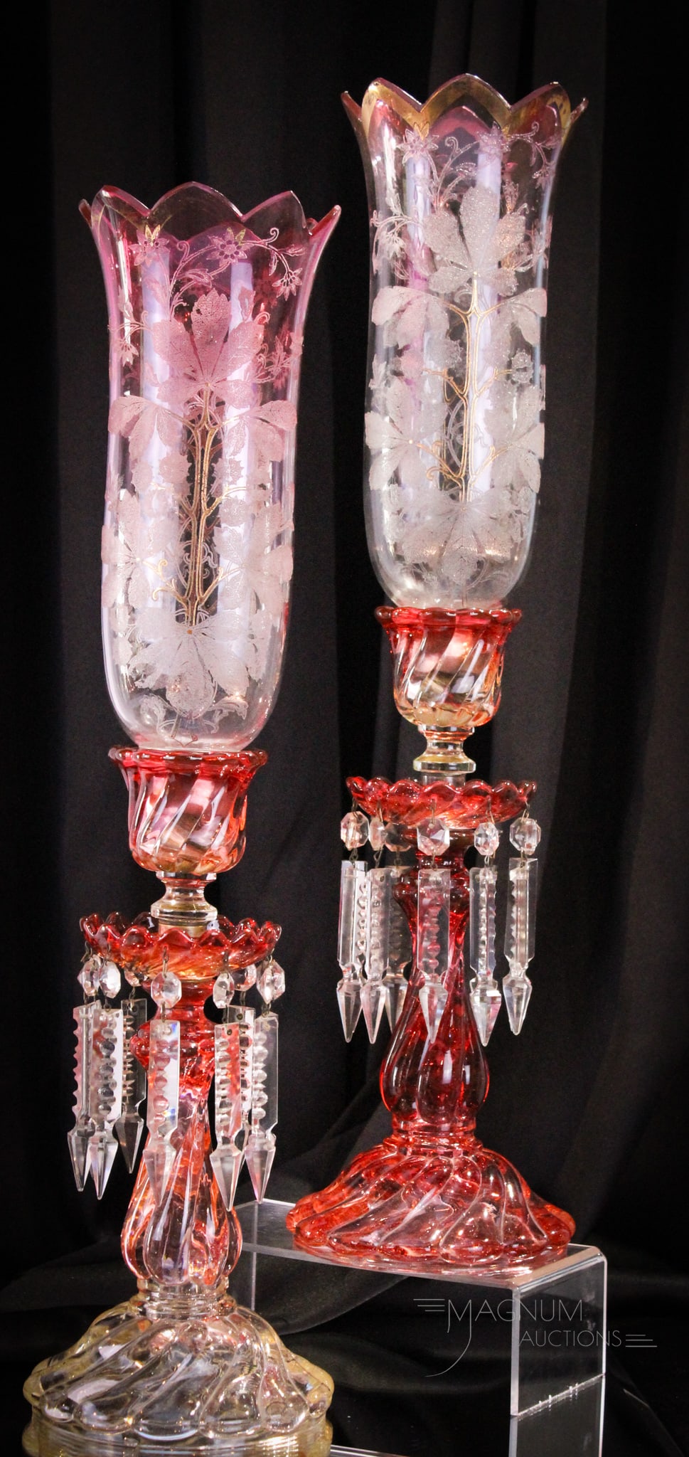 Pair 22 1/2" Baccarat Rose Tiente Hurricane Candlabrum: Rare find is this pair of 22 1/2" tall Baccarat Rose Tiente swirled pattern hurricane candleabrum. Each with matching shades engraved with leaves and berries. Candlesticks are unsigned. In- the-making