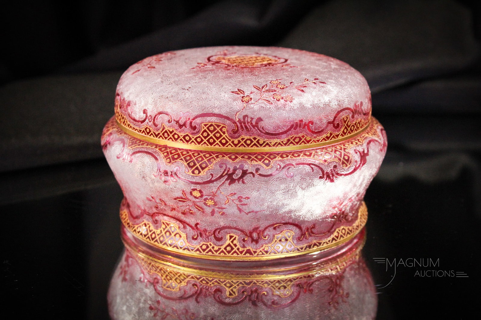 Baccarat St. Louis Acid Cutback Cameo Cranberry Glass Dresser Box: Fine acid cutback cameo cranberry glass to clear drfesser box attributed to Baccarat or St. Louis. This beautiful piece measures 3" tall, 5" in diameter.