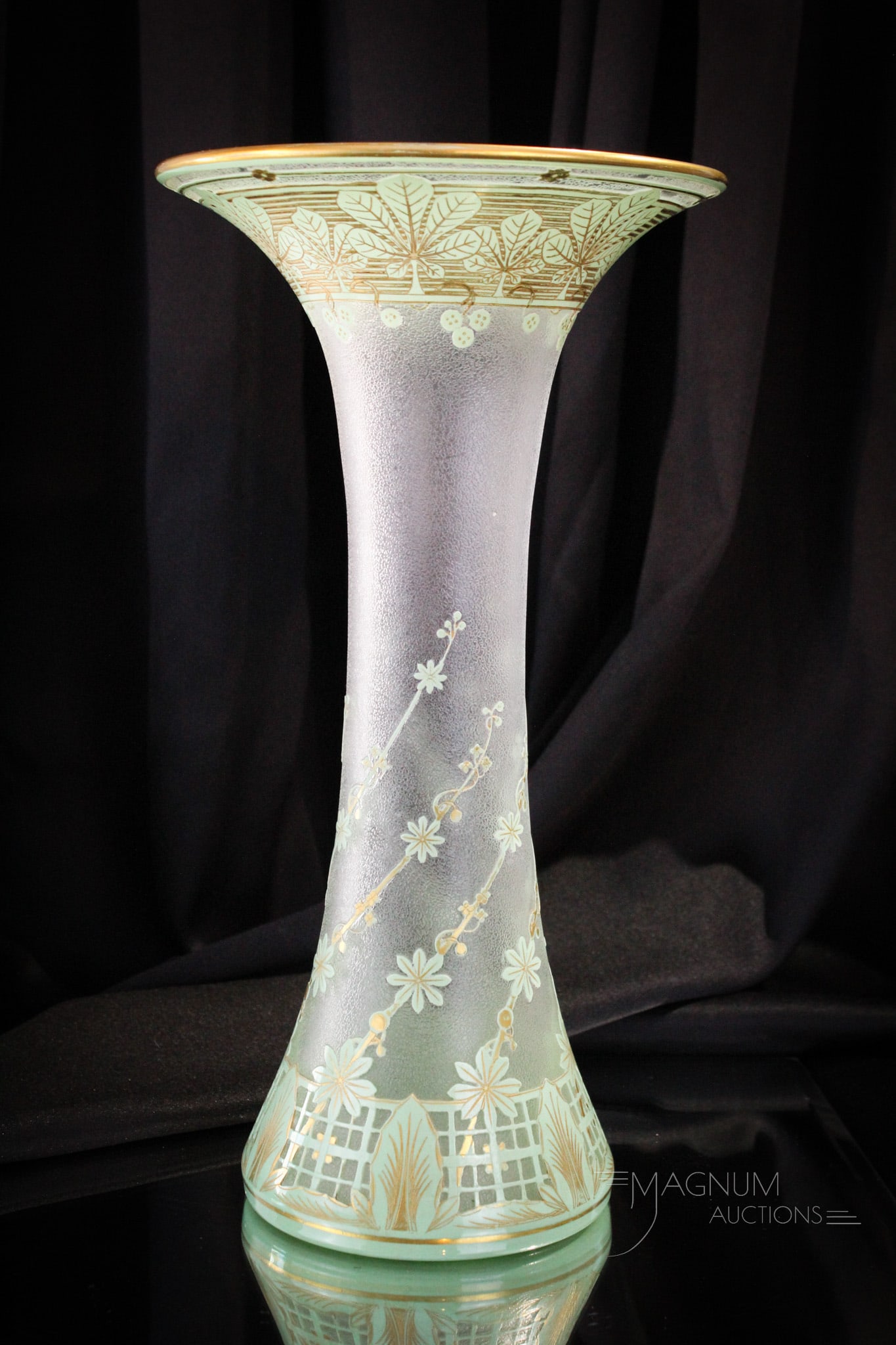 Val St. Lambert Acid Cutrback Cameo Green Glass 14" Vase: Attractive Val St. Lambert acid cutback cameo glass 14" tall vase in mint green with gilt enameled highlights. Fine example.