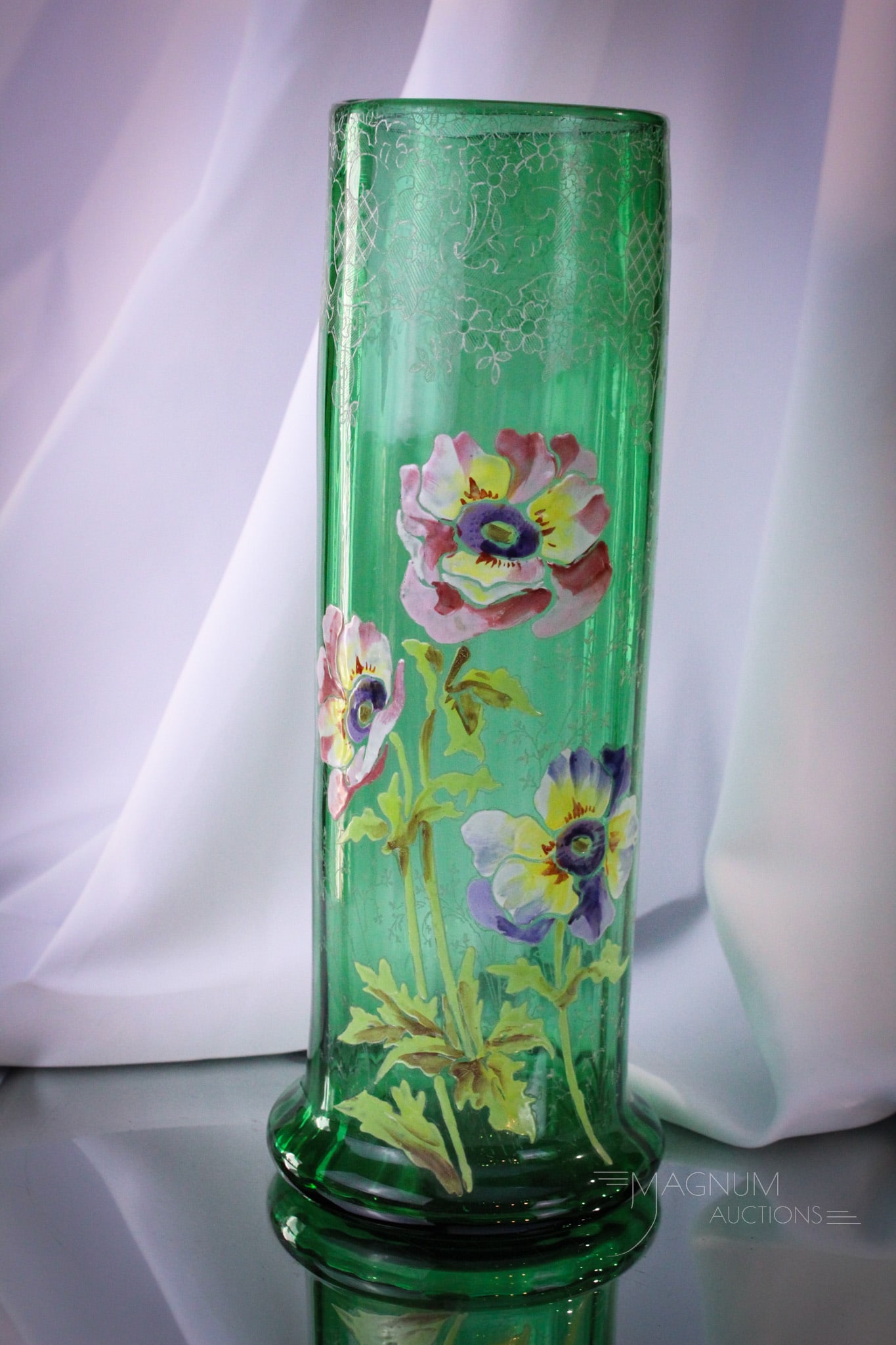 Legras Mt. Joye 13" Enameled Art Glass Vase: Beautiful emerald green enameled Legras or Mt. Joye attributed art glass vase. Vase is monumental and measures 12 3/4" tall. Unusual color to find this vase in.