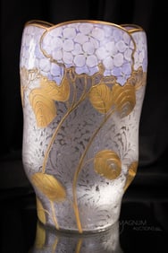 Signed Mont Joye Enameled Acid Cutback Cameo Hydrangea 10 1/4" Vase