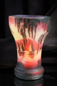 Signed Devez French Cameo Art Glass Sailboats Vase
