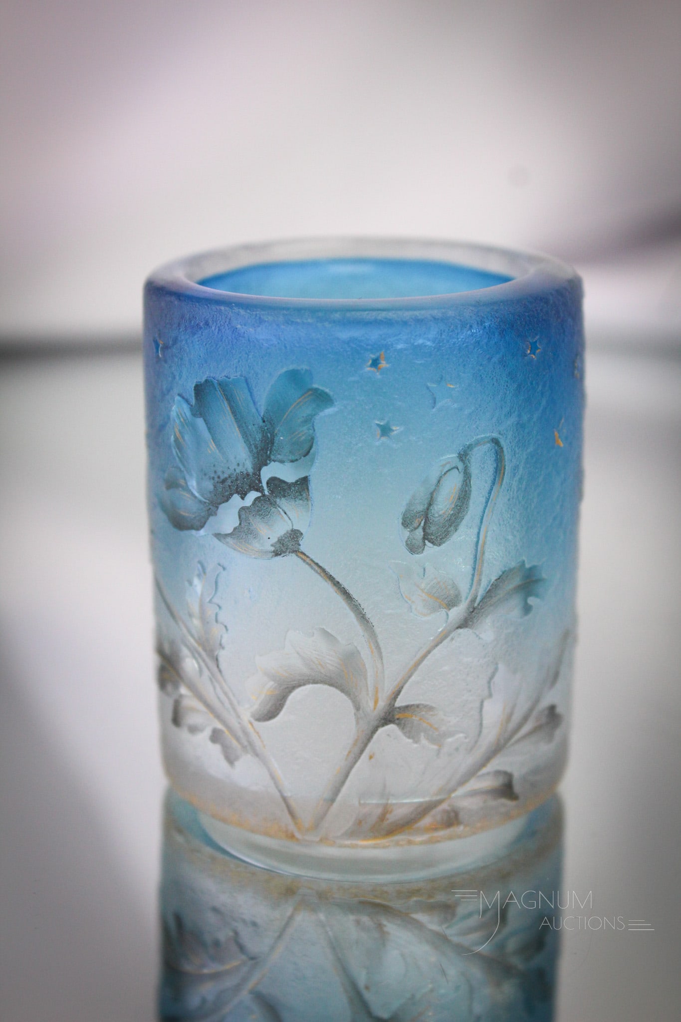 Signed Daum Nancy French Cameo Art Glass Cabinet Vase: Wonderful little signed, "Daum Nancy" French cameo art glass cabinet size vase. This piece in blue with florals. Vase measures 2 1/4" tall.