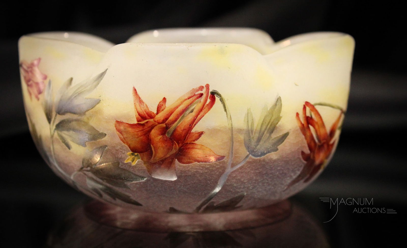 Signed Daum Nancy French Cameo Art Glass Bowl: Fine example of a signed, "Daum Nancy" French cameo art glass bowl. Piece have lovely amythest mottled ground coloring and delicate columbine flower and foliage decoration around. A very nice piece!