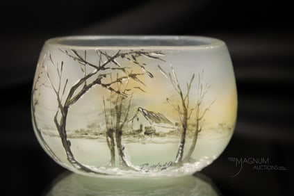 Signed Paynaud French Art Glass Enameled Scenic Pillow Vase