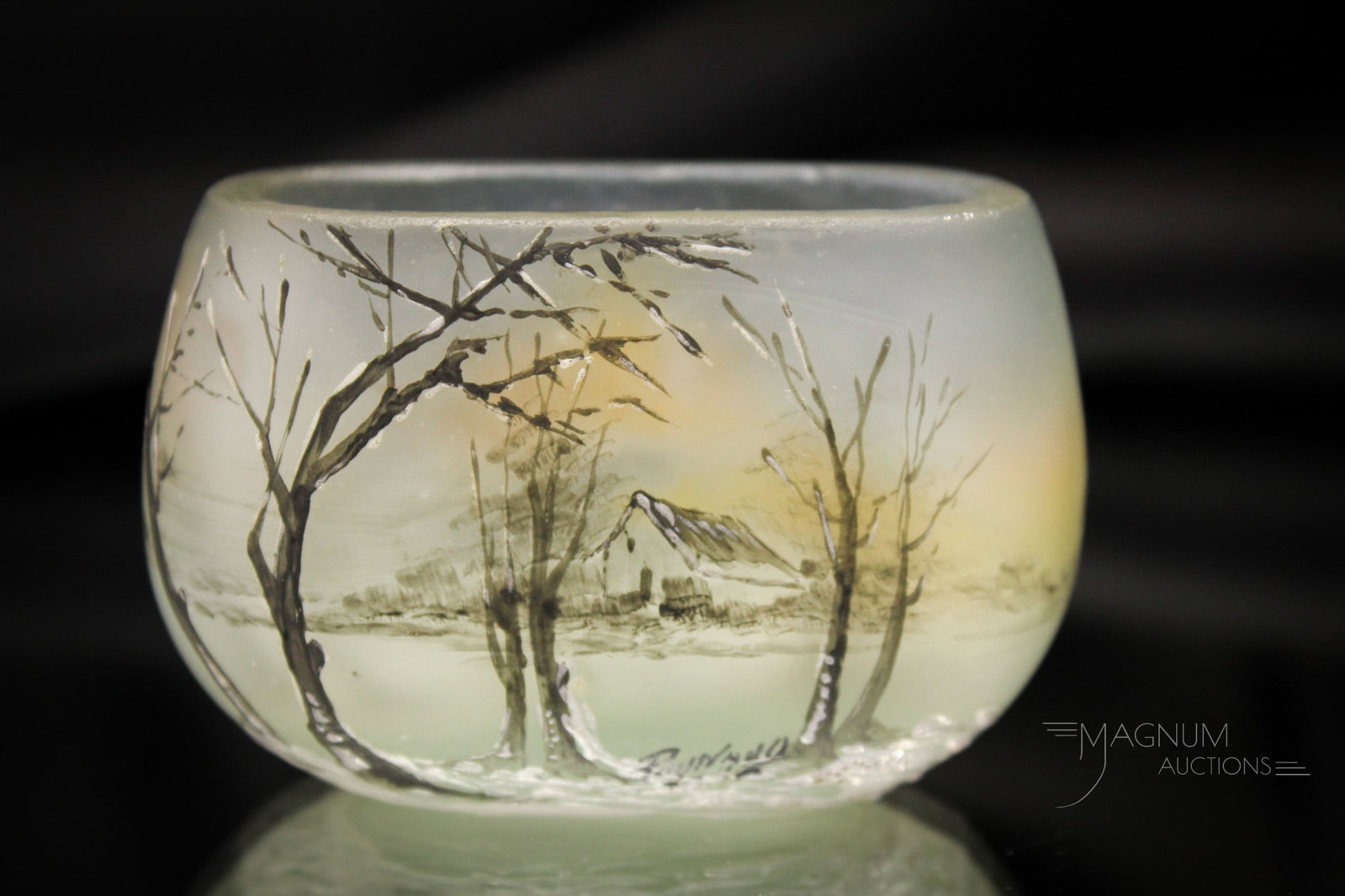 Signed Paynaud French Art Glass Enameled Scenic Pillow Vase: Fine little signed, "Paynaud" French enameled scenic pillow art glass vase. This cutie stands but 2" tall and is only 2 3/4" wide. Nice example.