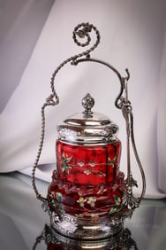 Middletown Victorian Silverplate Cranberry Enameled Rigaree Victorian Pickle Castor