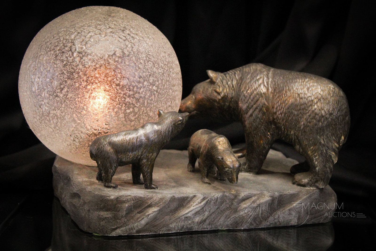Art Deco Polar Bear Radio Lamp: Wonderful and very unusual Polar bear and snowball Art Deco radio lamp. Lamp features a Mother bear and two baby bears. The original shade is overshot glass. Great lamp and so uncommon! Lamp measures 