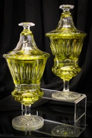 Pair 12" Bohemian Cut Overlay Citron Covered Lidded jars