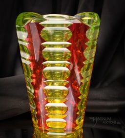 Ruby Cut Overlay Vaseline Art Glass Vase