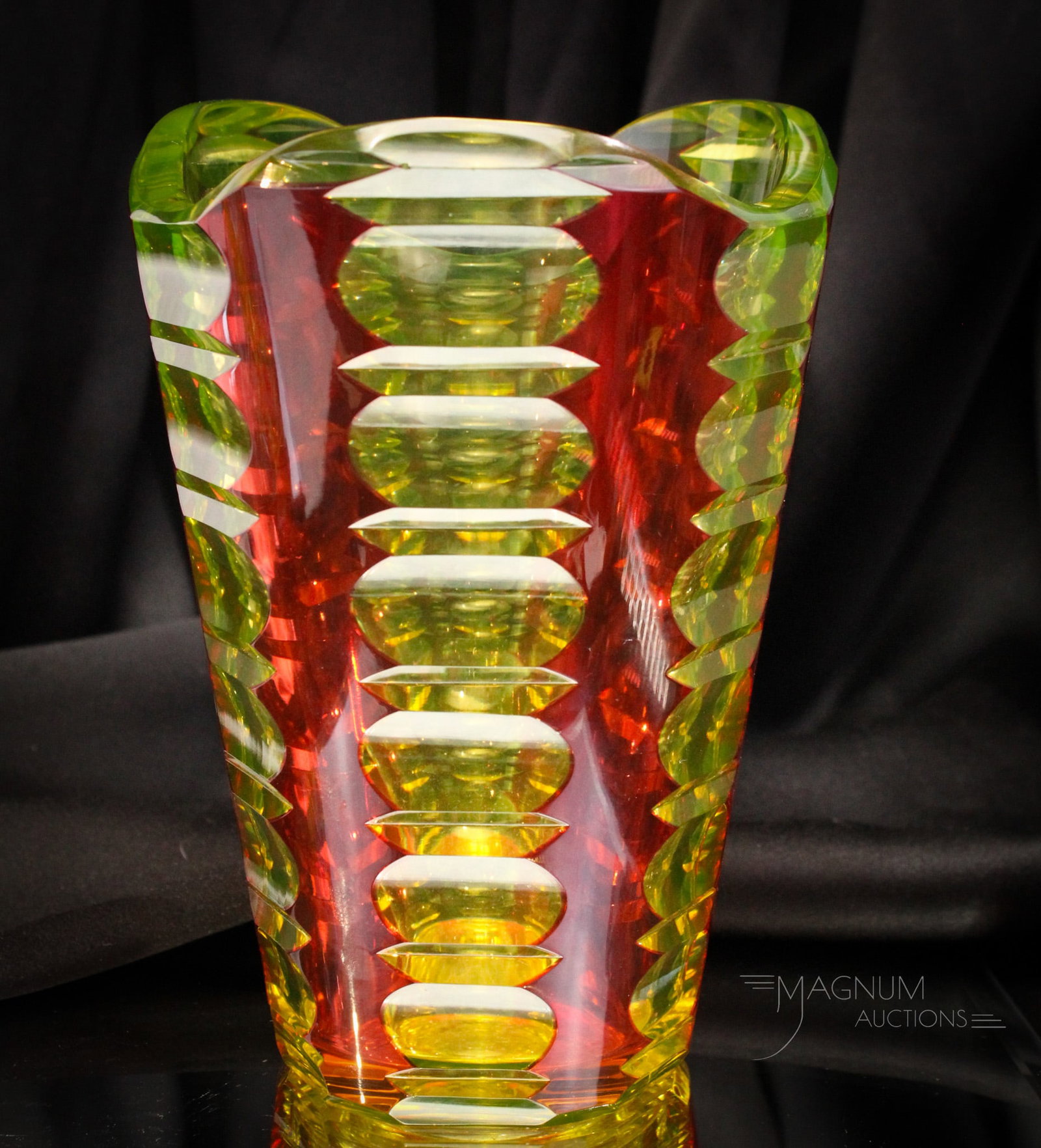 Ruby Cut Overlay Vaseline Art Glass Vase: Large 8" cranberry Cut to vaseline art glass vase. Attributed to Val St. lambert.