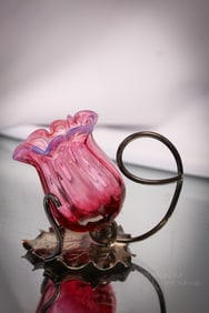 English Cranberry Opalescent Silverplate Victorian Open Salt Toothpick Holder