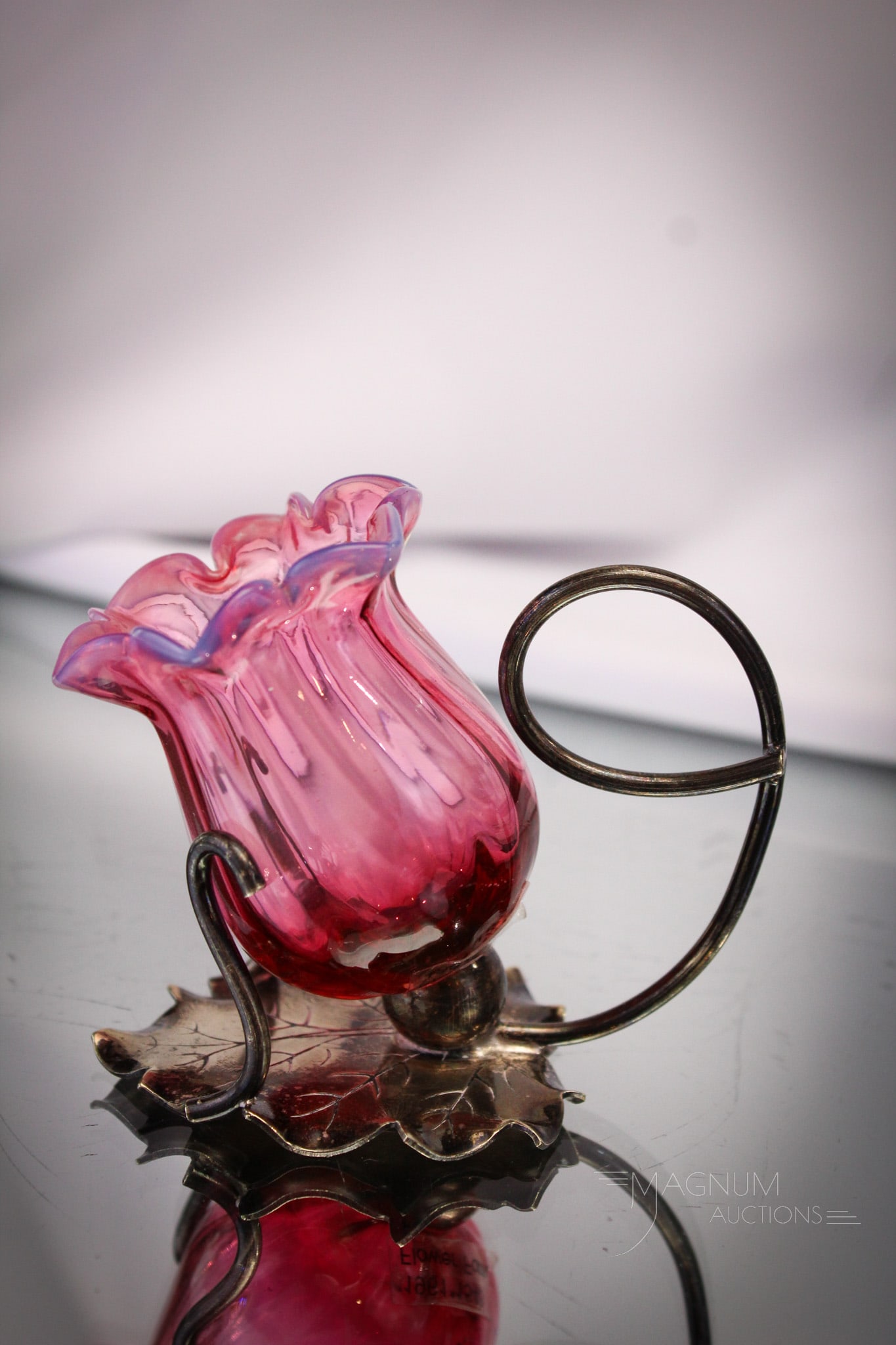 English Cranberry Opalescent Silverplate Victorian Open Salt Toothpick Holder: Fine little piece of English cranberry opalescent glass set in a frame with English hallmarks. The cranberry insert is in the form of a tulip. Piece measures 3" tall.