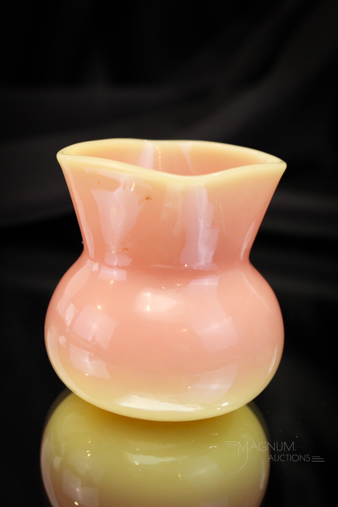 Mt. Washington Glossy Burmese Victorian Toothpick Holder: Beautiful glossy burmese Victorian toothpick holder with diamond quilt pattern to the body and a square top. Measures 2 1/2" tall. Provenance: This item is from the private collection of Eileen Flaks