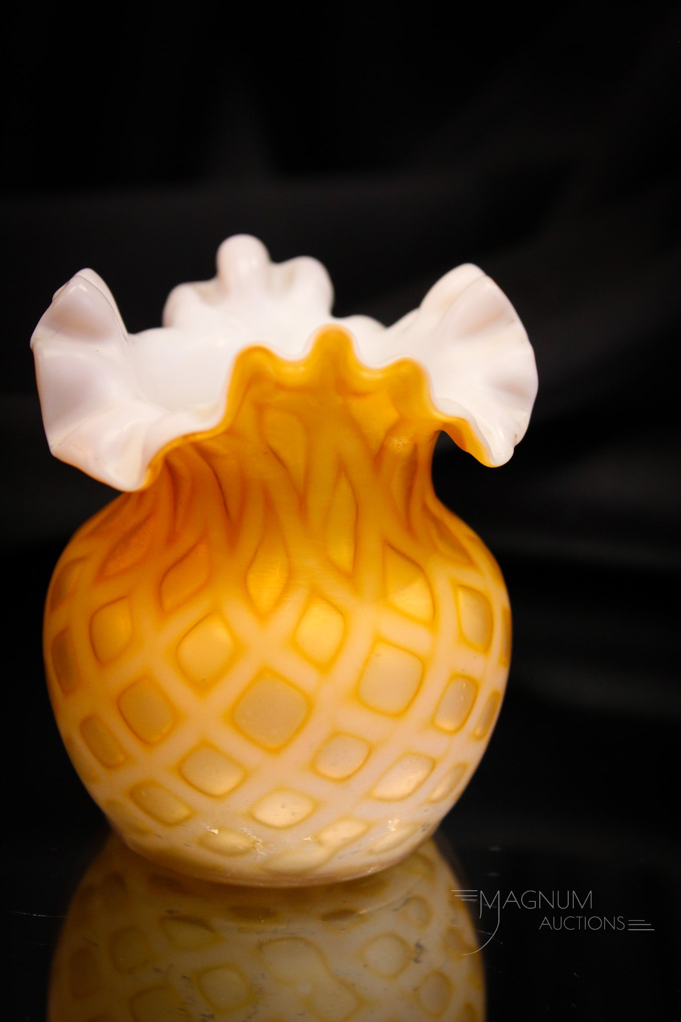 Butterscotch Mother of Pearl Victorian Glass Toothpick Holder: Fine example of a satin glass diamond quilt mother of pearl Victorian toothpick holder with ruffled rim in butterscotch color. This example measures 3" tall.