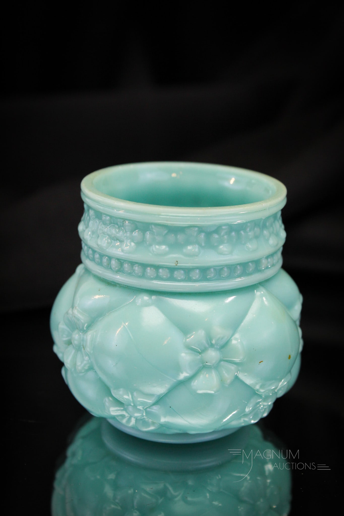 Northwood Quilted Phlox Victorian Toothpick Holder: Lovely blue-green coloring makes up this fine Northwood Quilted Phlox pattern Victorian toothpick holder. It measures 2 1/2" tall. Provenance: This item is from the private collection of Eileen Flaks