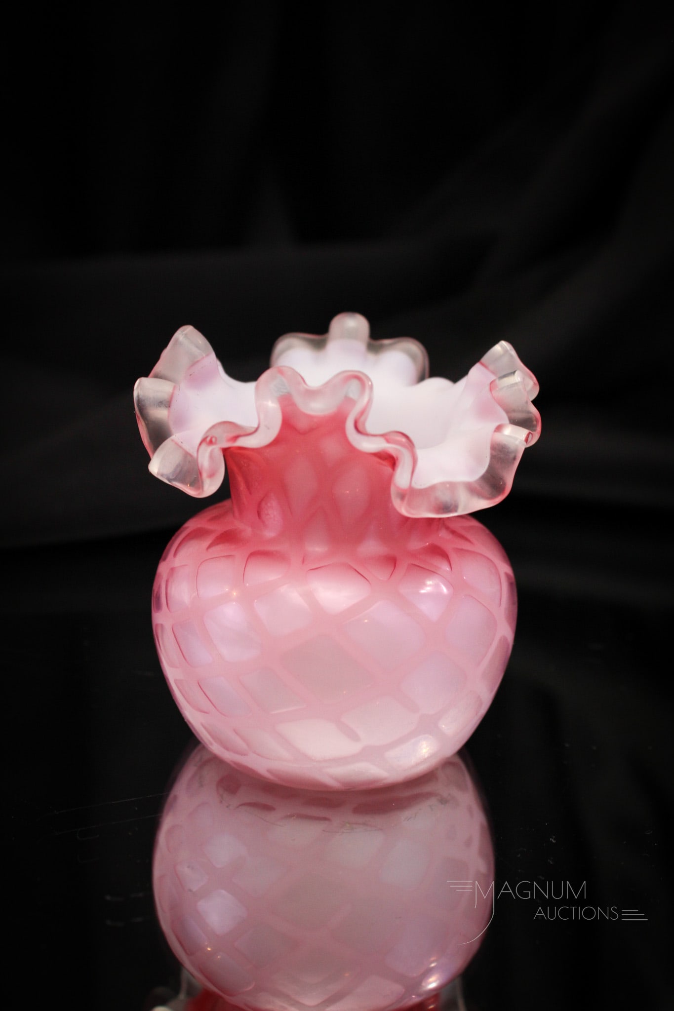 Pink Diamond Quilt Mother of Pearl Victorian Toothpick Holder: Pretty in pink with clear applied edge Victorian Mother of Pearl toothpick holder in the diamond quilt pattern. This fine piece measures 3" tall.