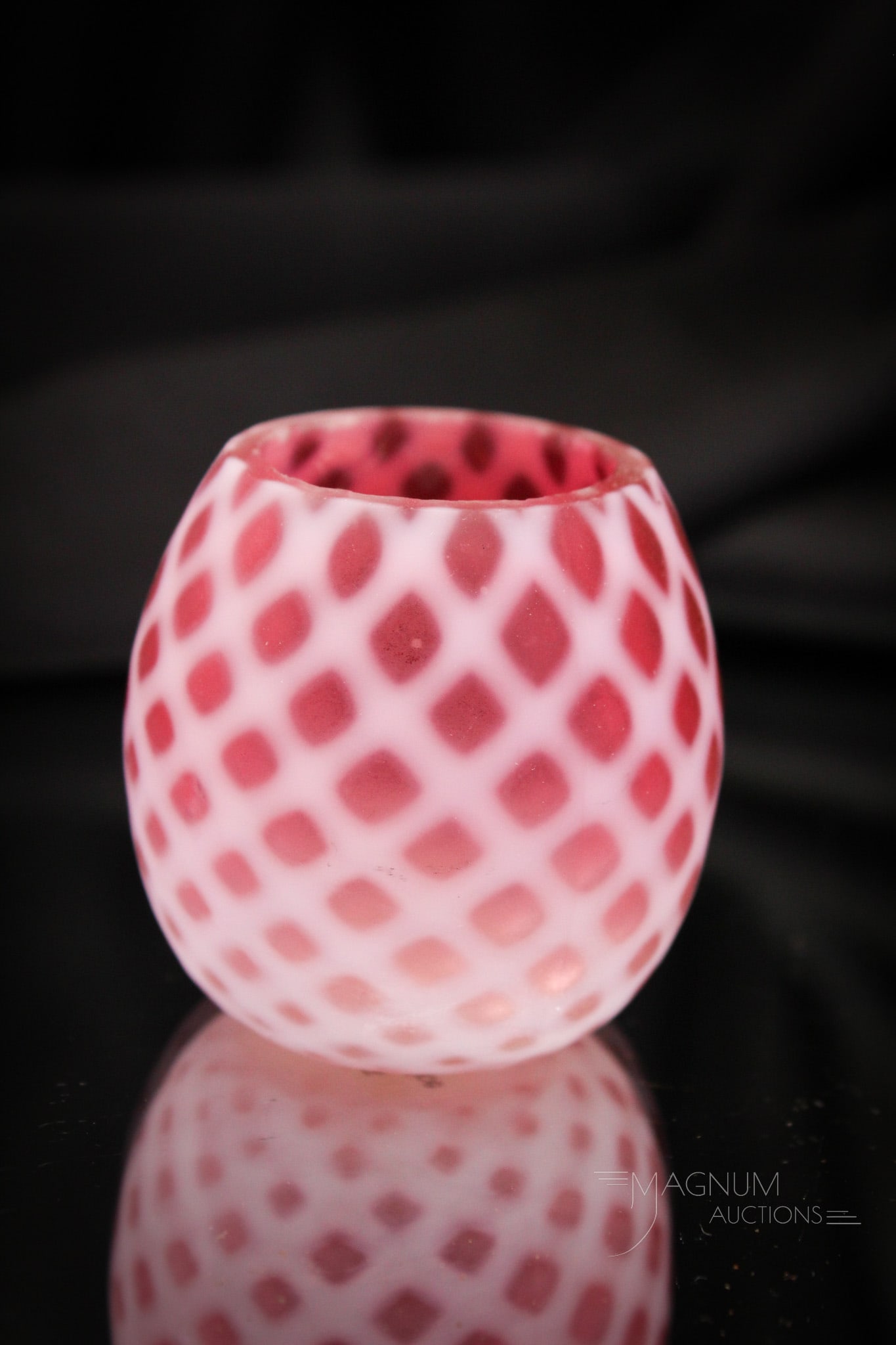 Cranberry Opalescent Bubble Lattice Victorian Toothpick Holdedr: A beautiful example of a satin-finished cranberry opalescent Bubble Lattice pattern Victorian toothpick holder. The best is right here at Magnum Auctions! This beauty measures 2" tall.