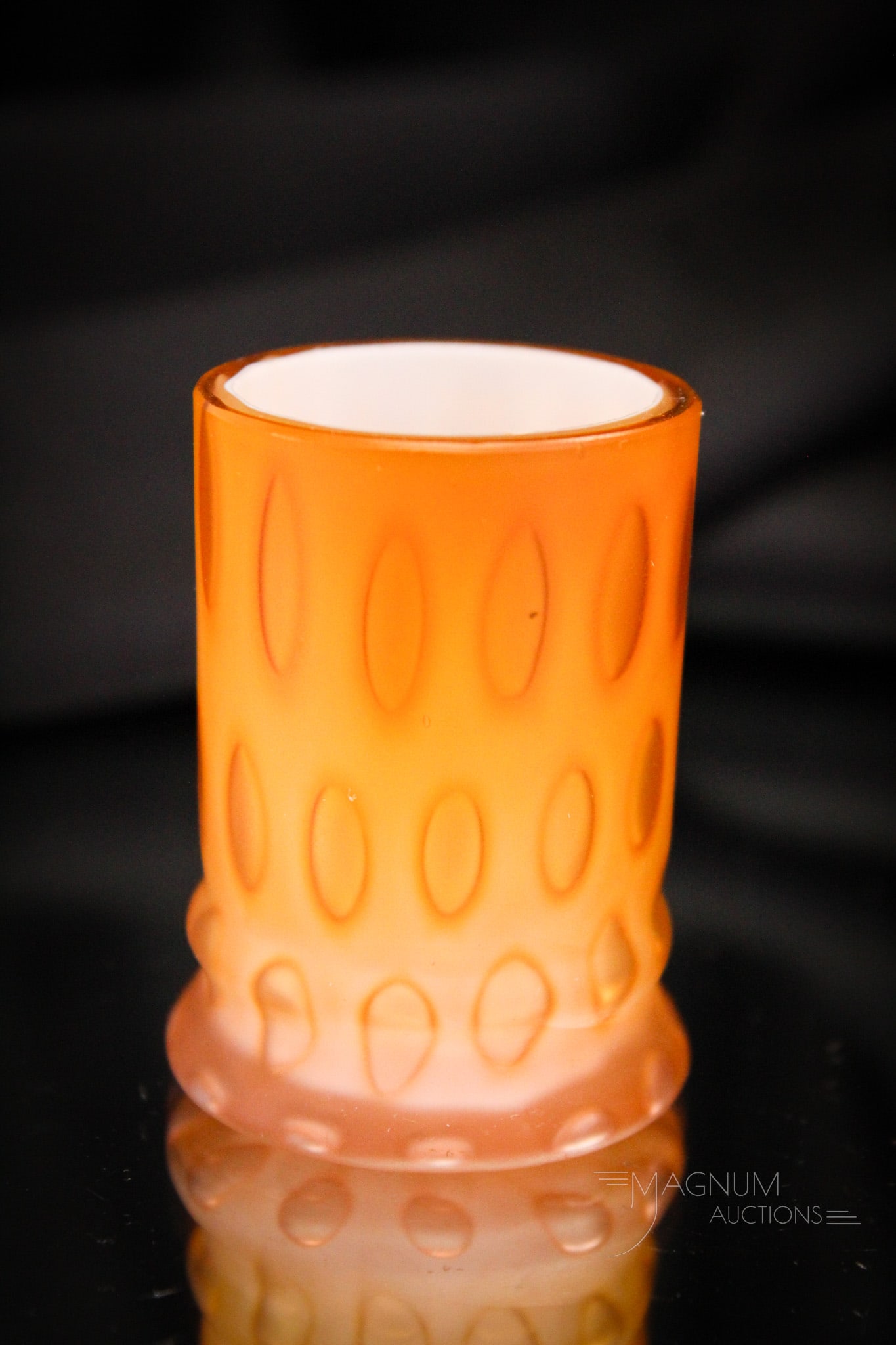Rare Phoenix Orange Mother of Pearl Victorian Glass Toothpick Holder: Wonderfully rare Victorian Mother of Pearl Coispot pattern toothpick holder in the ring base form. This piece is attributed to Phoenix glass. Great color and form. Toothpick holder measures 2 1/4" tal